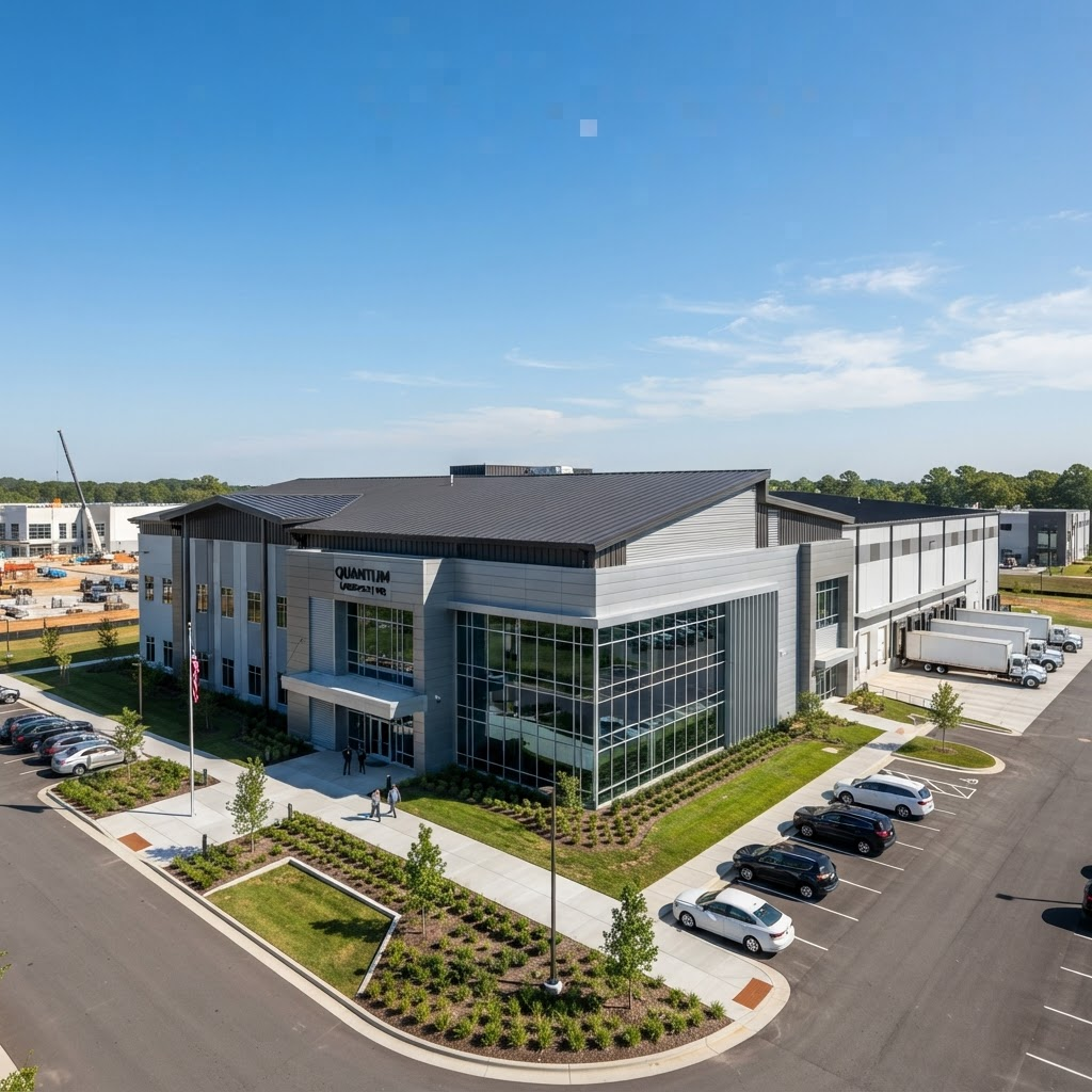 Modern commercial metal building with a standing-seam roof and steel facade